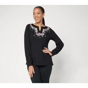 Quacker Factory Womens Spring Fling Split Neck Top Size Large Black Embroidered